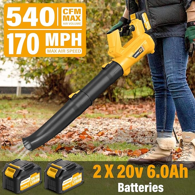 Cordless Leaf Blower - 540CFM Brushless Electric Leaf Blower Cordless with 2 * 6.0Ah Batteries and Charger -6 Speed Mode -20V Battery Powered Leaf Blowers for Lawn Care, Patio, Blowing Leaves