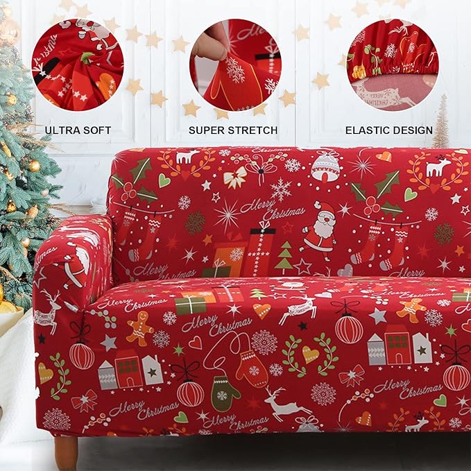 Mybedsoul Christmas Printed Sofa Cover Santa Claus Elastic Couch Cover Machine Washable Christmas Theme Red Sofa Slipcover for Living Room(3 Seater)