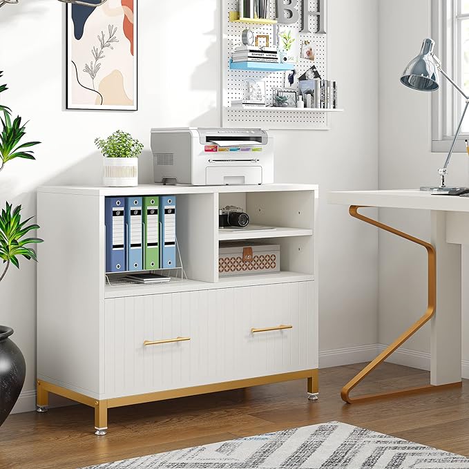 White Lateral File Cabinet with Drawer, 35.4" Modern Filing Cabinet with Adjustable Hanging Rod for Legal/Letter/A4 Size Files, Wood Printer Stand with Open Storage Spaces for Home Office