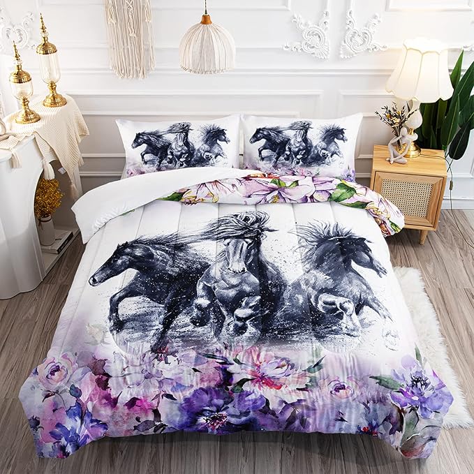 Kid Galloping Horse Comforter Set Room Purple Floral Animal Theme Handsome Horse Bedding Set for Boys Girls Adult, 1 Comforter + 2 Pillowcases