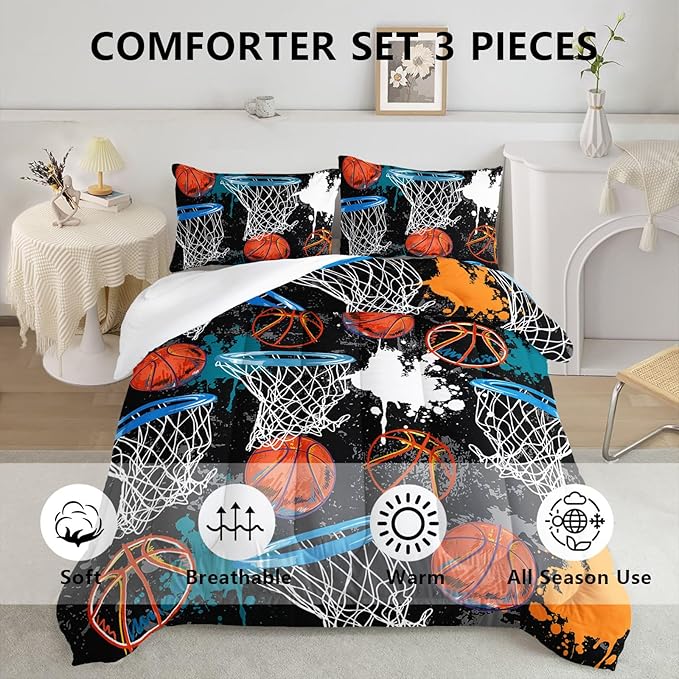 Axolotl Basketball Comforter Set Queen,Sports Comforter Set,Basketball Bedding Set,Sports Theme Comforter Set,Grunge Bedding Aesthetic Cool Style for Boys Kids Men,1 Quilt 2 Pillowcases,Black Blue