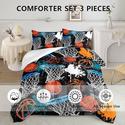 Axolotl Basketball Comforter Set Full,Sports Comforter Set,Basketball Bedding Set,Sports Theme Comforter Set,Grunge Bedding Aesthetic Cool Style for Boys Kids Men,1 Quilt 2 Pillowcases,Black Blue