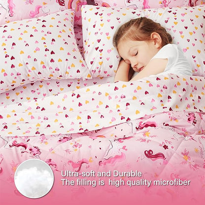 Twin Unicorn Kids Bedding Set for Girls, 7 Pieces Super Soft Lightweight Microfiber Comforter Set with Sheets, Bed in a Bag, Durable Children Bed Set