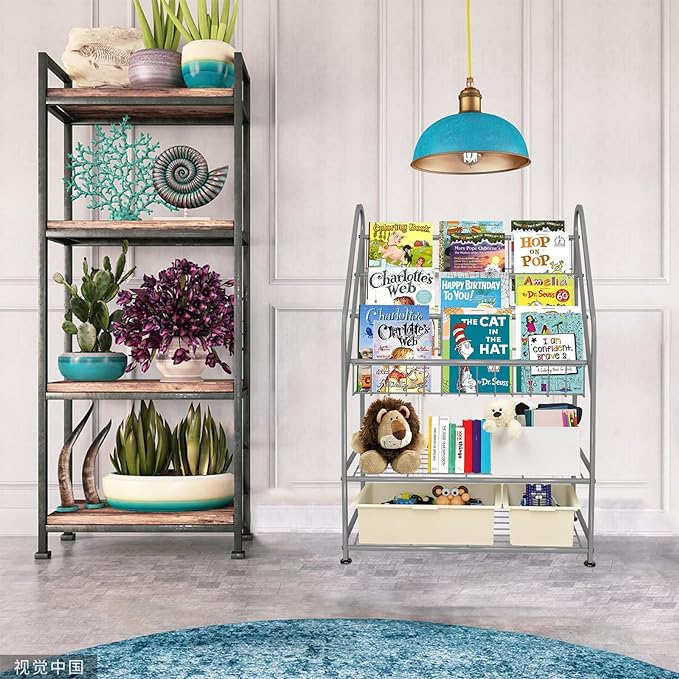 aboxoo Metal Kids Bookshelf Grey Toy Chests & Organizers Large Freestanding for Children Toy Chests & OrganizersRoom 25 in Toy Organizer Large Stable Bookcase Bookstore Library Bed Living Room