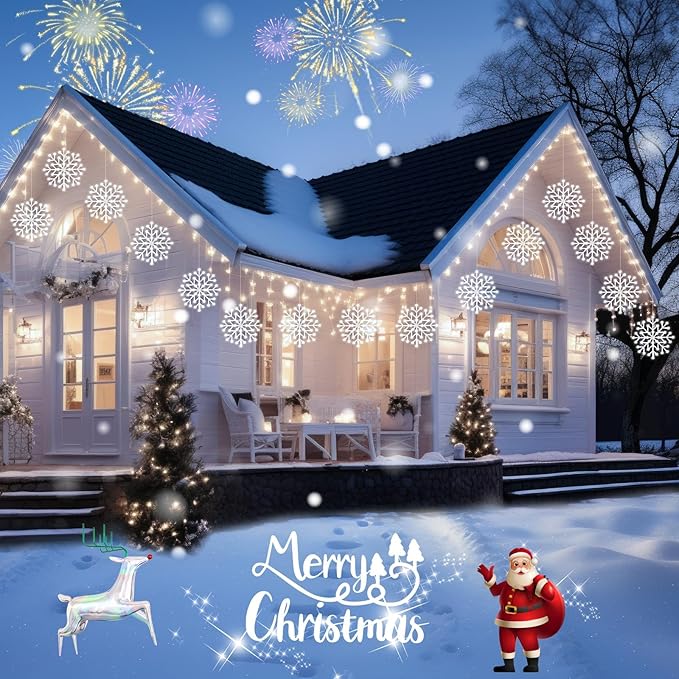 Brightown 2 Pack Christmas Snowflake Icicle Lights Outdoor - Plug-in 23.6ft 10 Drops 480LED Snowflake Window Lights, Connectable for Indoor Outdoor Porch Eaves Rooftops Christmas Decoration