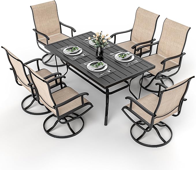 Pamapic 7 Pieces Patio Dining Set, Outdoor Dining Set for Garden Backyard Poolside Deck,Outdoor Table and Chairs Set with 6 Textilene Swivel Chairs,Beige