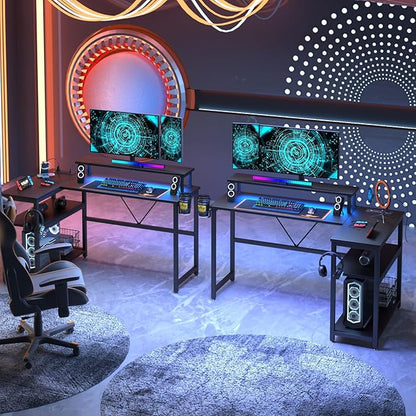 L Shaped Gaming Desk with Power Outlets & LED Strip Lights,Computer desk with Large Monitor Stand,Corner Desk with Storage Shelf,Headphone Hook&Cup Holder for Home Office