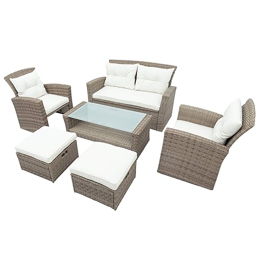 Set, 4 Piece Outdoor Wicker Rattan Sectional Sofa with Glass Table, Ottoman and Soft Cushions, Front Porch Apartment Patio Furniture for Backyard Lawn Garden, E-Beige b