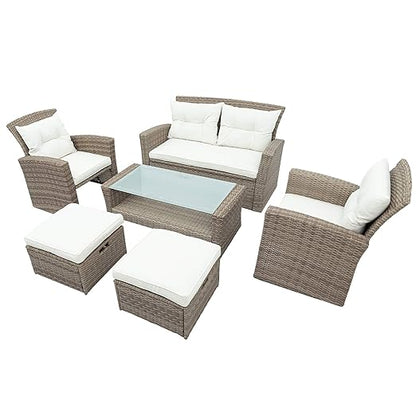 Set, 4 Piece Outdoor Wicker Rattan Sectional Sofa with Glass Table, Ottoman and Soft Cushions, Front Porch Apartment Patio Furniture for Backyard Lawn Garden, E-Beige b