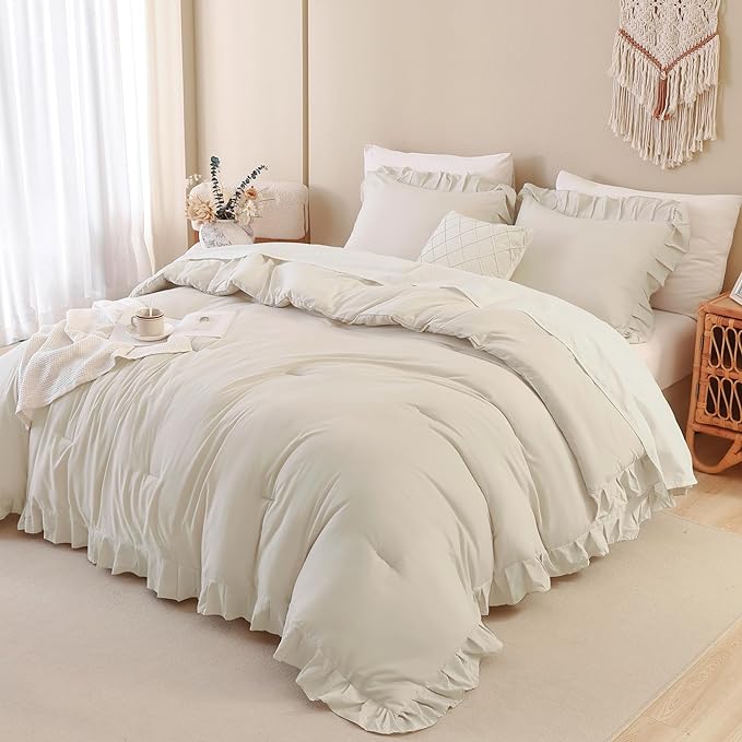 Andency Beige Cream California King Size Comforter Set, 3 Pieces Shabby Chic Ruffle Bedding Comforter Sets for Men Women, Soft Cozy Lightweight Fluffy Down Alternative Decorative Bed Set