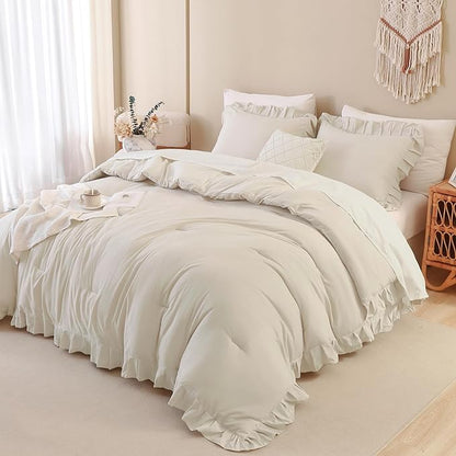 Andency Beige Comforter Set Full Size, 3 Pieces Solid Ruffle Vintage Rustic Soft Bedding Comforter Sets, All Season Lightweight Fluffy Soft Microfiber Bedding Set (79x90 Comforter & 2 Pillowcases)