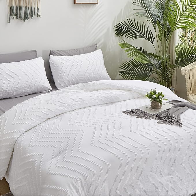 Wellboo White Jacquard Comforter Sets California King Boho White Tufted Bedding Comforter Sets Cal King Women Men Embroidery Shabby Chic Comforters Broken Line Quilts Wave Geometry Farmhouse Blanket