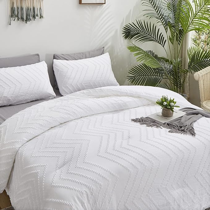 Wellboo White Tufted Jacquard Boho Comforter Set Full Size White Bedding Set Shabby Chic All Season Bed Quilt Women Men White Farmhouse Embroidery Blanket Soft Adult Broken Line Wave Geometry Bed
