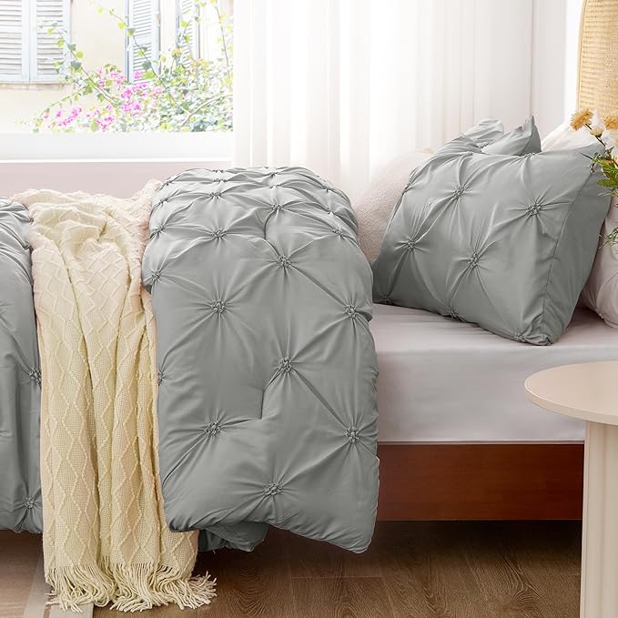 BEDELITE Grey King Size Comforter Set - 3 Pieces Boho Pintuck Bedding Comforter Sets, Lightweight Soft & Warm King Bedding Set with 2 Pillowcases for All Season