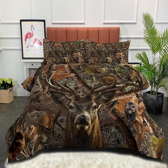 NINENINE Deer Bedding Sets Full Size for Boys Adult Teens Western Woodland Camo Comforter Moose Wildlife Forest Bedding,Bear Animals Hunting Bed Sets with 1 Comforter 2 Pillowcases