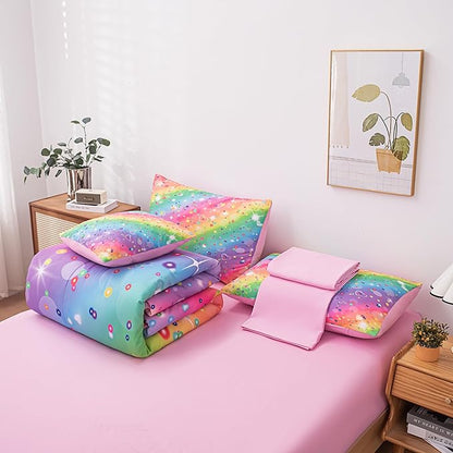Twin Comforter set for Girls, Tie Dye Rainbow Comforter Twin, 6 Pcs Girls Bed in a Bag Twin, Kids Comforter Sets for Girls(1Comforter, 1Flat Sheet, 1Fitted Sheet, 1 Pillow Cover, 2Pillowcases)