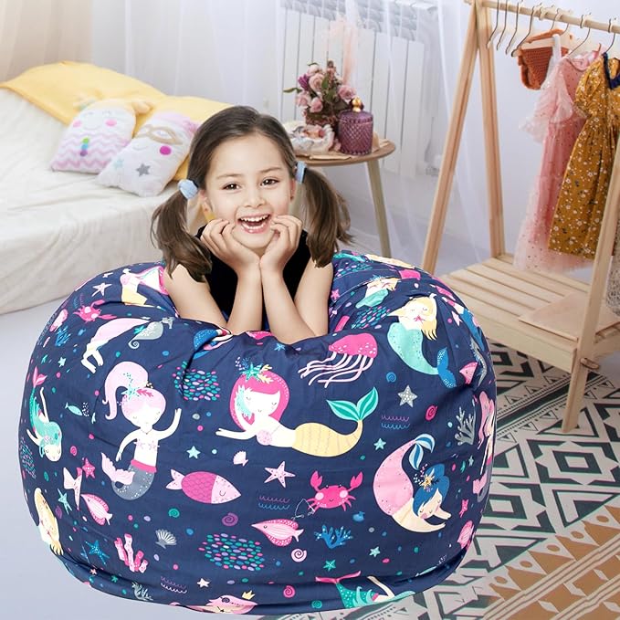 Stuffed Animal Storage Bean Bag Chair Cover, Hold Kids Plush Toys Blankets Towels Beanbag (Cover Only), Canvas Floor Circle Stuff Sit Seat Sofa with YKK Zipper, Extra Large 38", Mermaid