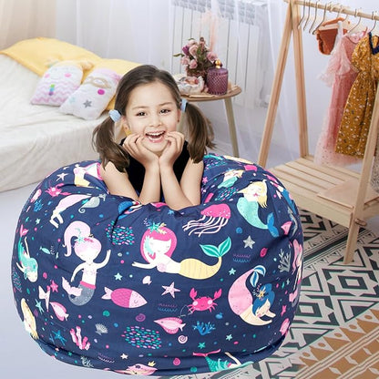 Stuffed Animal Storage Bean Bag Chair Cover, Hold Kids Plush Toys Blankets Towels Beanbag (Cover Only), Canvas Floor Circle Stuff Sit Seat Sofa with YKK Zipper, Extra Large 38", Mermaid