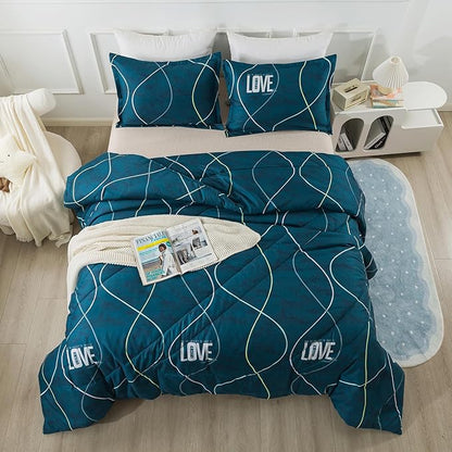 Blue Green Comforter Set King Size, 3 Pieces Modern Lines Pattern with Love, Soft Microfiber Bedding Comforter Set, Down Alternative Comforters for All Season (104 * 90’’)