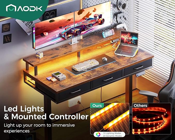 AODK 55 Inch Electric Standing Desk with 3 Drawers, Brown, Height Adjustable Desk with Power Outlets & LED Lights, Stand Up Desk with Monitor Shelf, Sit Stand Desk Computer Workstation