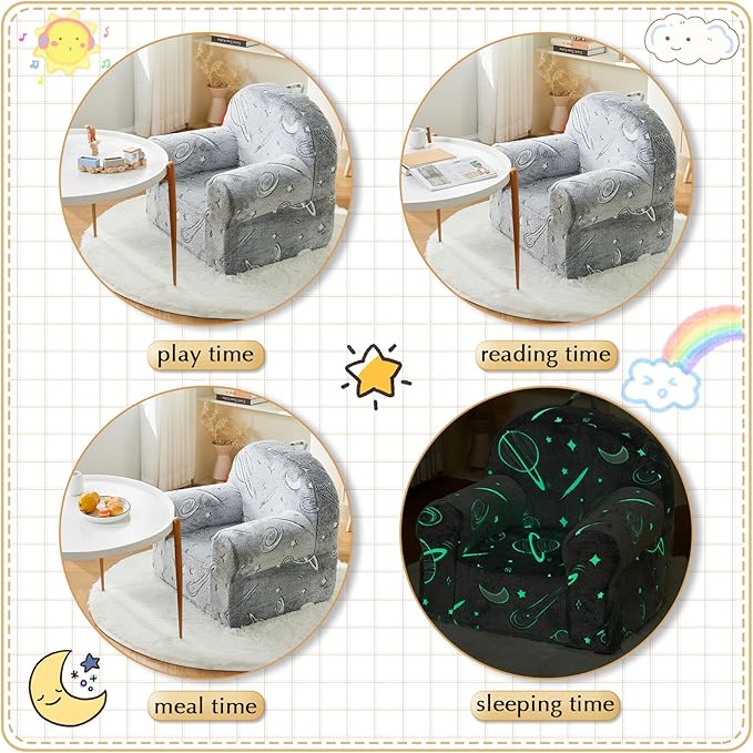 Toddler Chair Kids Plush Chair Sherpa Kids Chairs, Toddler Couch Bean Bag Chairs for Kids Gaming Chair for Kids Glow in The Dark,Starry Sky Grey