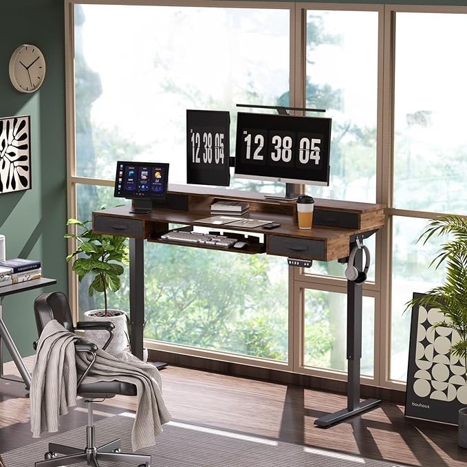 Electric Standing Desk, Multifunctional Standing Desk Adjustable Height, 55 * 24 Standing Desk with 4 Drawers, Ergonomic Adjustable Standing Desk with Keyboard Tray, Rustic Brown
