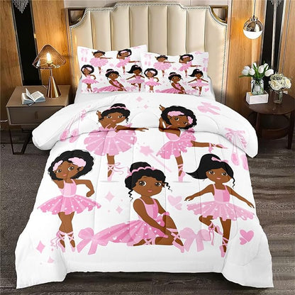 Pink African American Twin Comforter Set for Girls Kids Adults, Cute Twin Bedding Set for Girls Bedroom Decor Set 1 Comforter 2 Pillowcases, Cute Ballet Princess Dancer, Twin Size