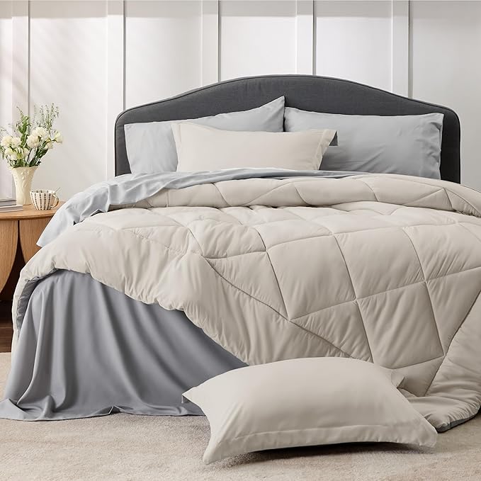 Bedsure Beige Twin Comforter Sets - 5 Pieces Reversible Twin Bedding Sets for College, Beige Extra Long Bed Set Twin with Comforters, Sheets, Pillowcase & Sham
