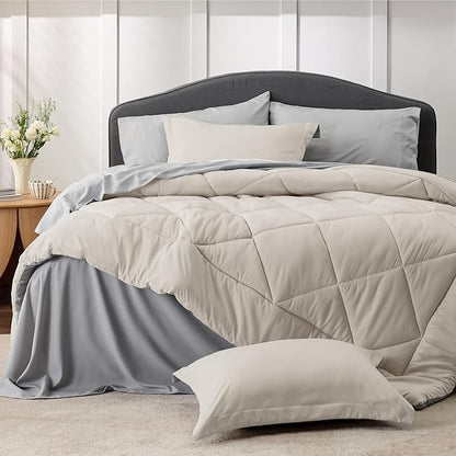 Bedsure Beige Twin Comforter Sets - 5 Pieces Reversible Twin Bedding Sets for College, Beige Extra Long Bed Set Twin with Comforters, Sheets, Pillowcase & Sham