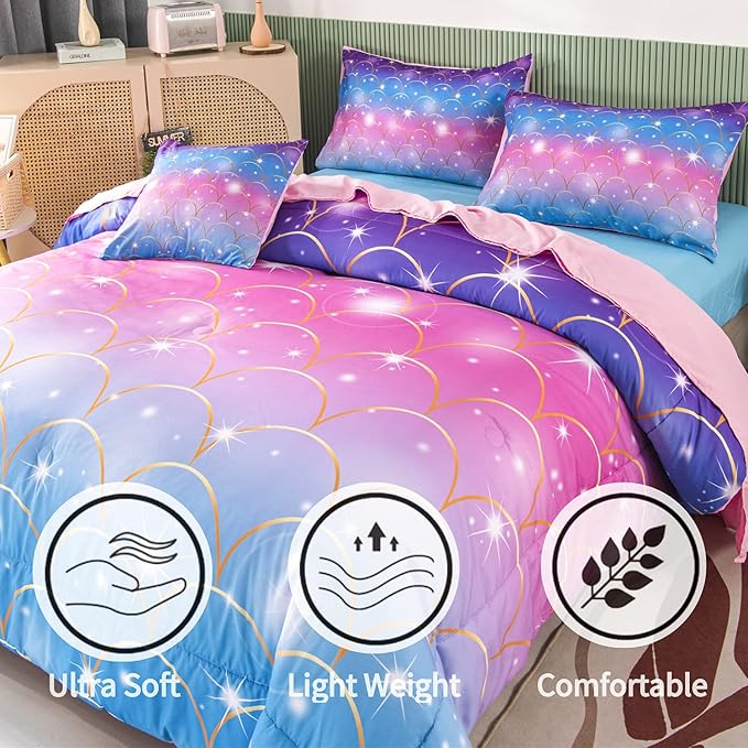RYNGHIPY 6Pcs Teal Pink Sparkle Mermaid Comforter Sets Queen Size, 3D Rainbow Glitter Girls Bedding Sets, Ombre Pastel Fish Scale Bedding Collection Sets