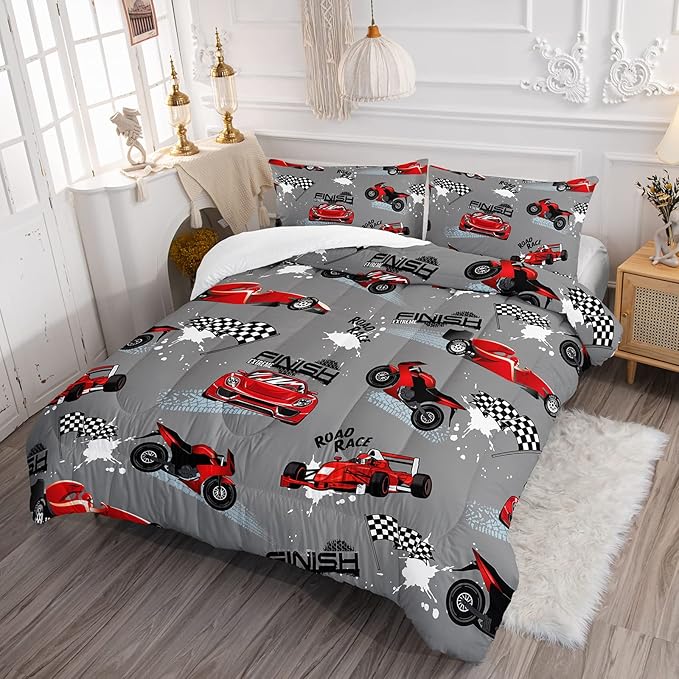 Axolotl Kid Comforter Set Twin Size,Racing Car Bedding Set for Boys Girls Teen Kids Children Car Racing Gifts,Race Cars Quilt Bed Set with 1 Comforter 2 Pillowcases,Red Grey