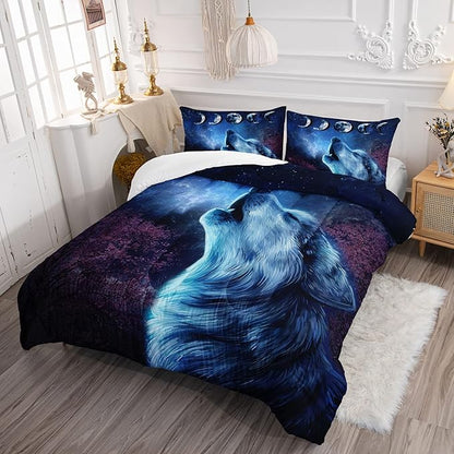 Wolf Comforter Set Galaxy Night Moon Bedding Set 3Pcs Howling Wolf Down Lunar Eclipse Bed Set for Kids Teens Room Decor Wild Animals Comforter with 2 Pillowcases