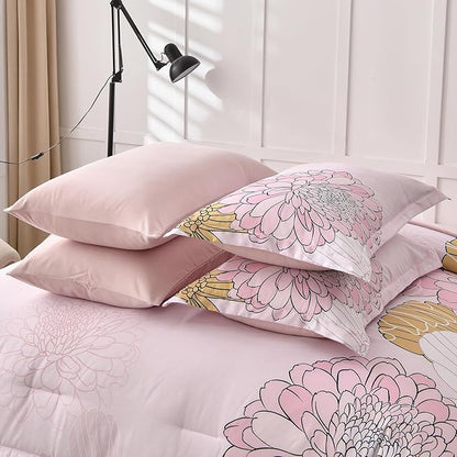 Yiran Bed in a Bag 7 Pieces Pink Colorful Floral Comforter Set Queen Size Soft Microfiber Bedding Set with Comforter,Sheets, Pillowcases & Shams 90"×90"