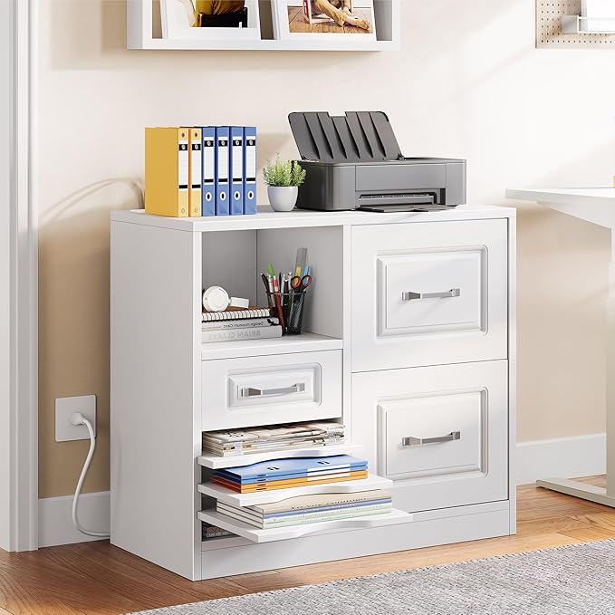 YITAHOME 3 Drawer File Cabinet, Filing Cabinet with Charging Station, Printer Stand with Open Storage Shelves, Fits for A4, Letter, Legal Size Files, White