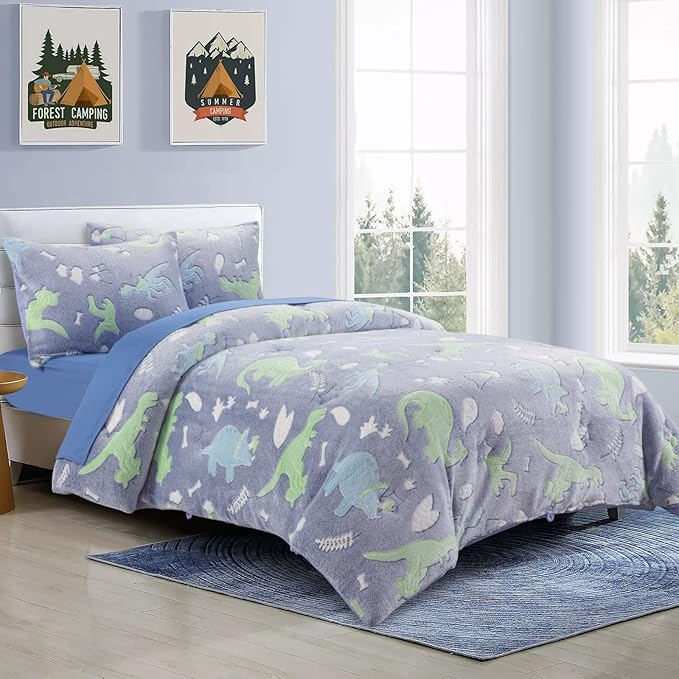 HOMBYS Glow in The Dark Comforter Set 7 Piece Full with Sheets, Blue Dinosaur Velvet Bedding Comforter Sets for Twin Bed, Ultra Soft Down Alternative Comforter for Boys Kids, Bed in a Bag