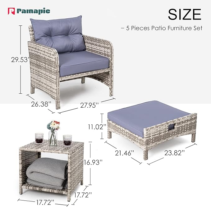 Pamapic 5 Pieces Wicker Patio Furniture Set Outdoor Patio Chairs with Ottomans Conversation Furniture with coffetable for Poorside Garden Balcony(Purple Cushion + Grey Ratten)…