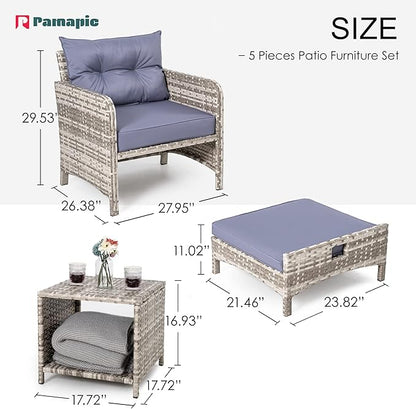 Pamapic 5 Pieces Wicker Patio Furniture Set Outdoor Patio Chairs with Ottomans Conversation Furniture with coffetable for Poorside Garden Balcony(Purple Cushion + Grey Ratten)…
