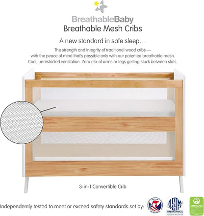 BreathableBaby Breathable Mesh 3-in-1 Convertible Crib (Toddler Bed Kit Sold Separately) — Beech & White — Two Adjustable Mattress Heights — Greenguard Gold Certified