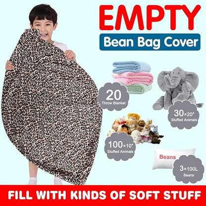 Lukeight Stuffed Animal Storage Bean Bag Chair Cover for Kids, Zipper Beanbag Chair Cover for Organizing Toddler & Kids' Rooms Plush Toys (Leopard Velvet, XX-Large)