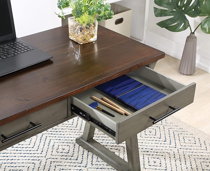 OSP Home Furnishings Jericho Rustic 42 Inch Writing Desk with 2 Drawers and Burnished Decorative Hardware, Slate Gray