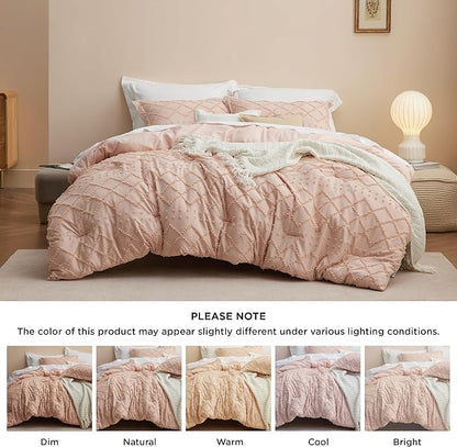 Bedsure King Size Comforter Set - Coral Pink Comforter, Boho Tufted Shabby Chic Bedding Comforter Set, 3 Pieces Farmhouse Bed Set for All Seasons, Fluffy Soft Bedding Set with 2 Pillow Shams