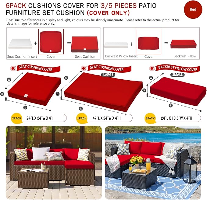 ClawsCover 6Pack Outdoor Seat and Back Cushions Replacement Covers Fit for 3 Pieces 3-Seater Wicker Rattan Patio Furniture Conversation Set Sectional Couch Chair,Red-Include Cover Only