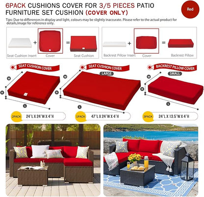 ClawsCover 6Pack Outdoor Seat and Back Cushions Replacement Covers Fit for 3 Pieces 3-Seater Wicker Rattan Patio Furniture Conversation Set Sectional Couch Chair,Red-Include Cover Only