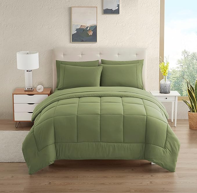 Dorm Room Essentials College Bedding Comforter Set 5 Piece Twin Size Bed in a Bag for College Students Boys and Girls, Twin, Sage Green