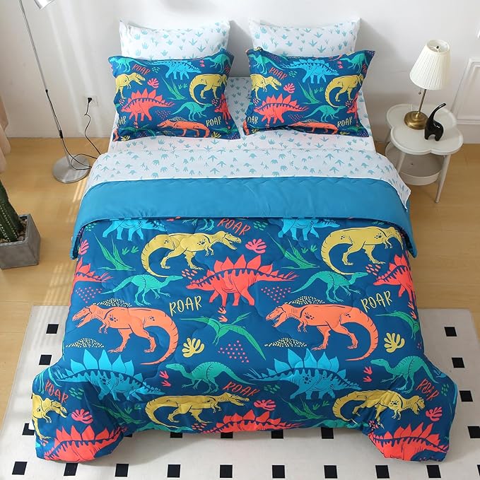 Wajade Boys Dinosaur Comforter Set Bed in A Bag Queen Size 7 Piece 3D Blue Dinosaur Print Bedding Set for Kids Teens(1 Comforter, 1 Flat Sheet, 1 Fitted Sheet, 2 Pillowcase and 2 Pillow Sham)