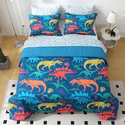 Wajade Boys Dinosaur Comforter Set Bed in A Bag Twin Size 7 Piece 3D Blue Dinosaur Print Bedding Set for Kids Teens(1 Comforter, 1 Flat Sheet, 1 Fitted Sheet, 2 Pillowcase and 2 Pillow Sham)