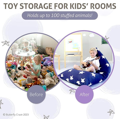 Butterfly Craze Bean Bag Chair Cover, Functional Toddler Toy Organizer, Fill with Stuffed Animals to Create a Jumbo, Comfy Floor Lounger for Boys or Girls, Stuffing Not Included, Navy Stars