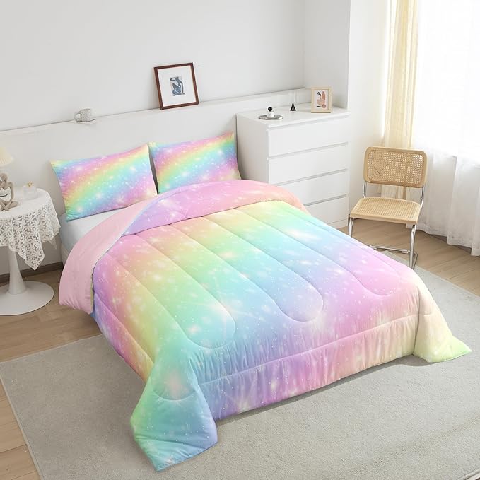 Erosebridal Rainbow Bedding Set for Kids Girls Teens Women Tie Dye Pastel Comforter Set Full Size Golden Stars Glitter Bedding Comforter Set Watercolor Art Girly Quilt Set Sweet Bedroom Decor 3 Piece