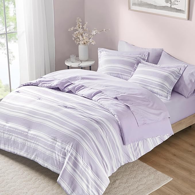 Codi Lavender Purple Queen Comforter Set with Sheets, Striped Bed in a Bag Reversible for All Seasons, Cationic Dyeing Bedding Sets with Comforter, Sheets, Pillowcases & Shams