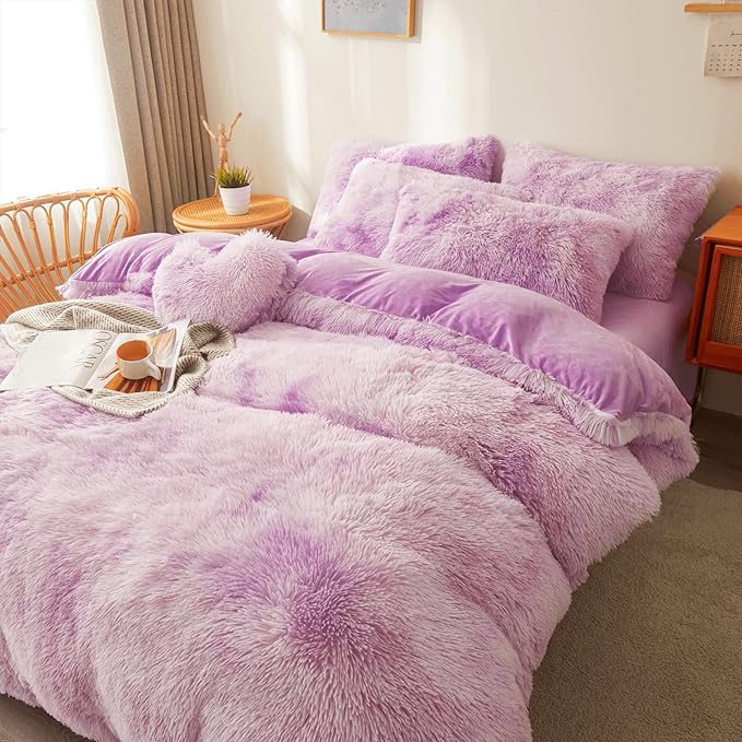 Tie dye Lavender Plush Fluffy Comforter Cover Set Queen - Ultra Soft Faux Fur tie dye Bedding Sets 3 Pieces (1 Shaggy Duvet Cover + 2 Pillow case) Fluffy Bed Set (Tie Dye Lavender, Queen)